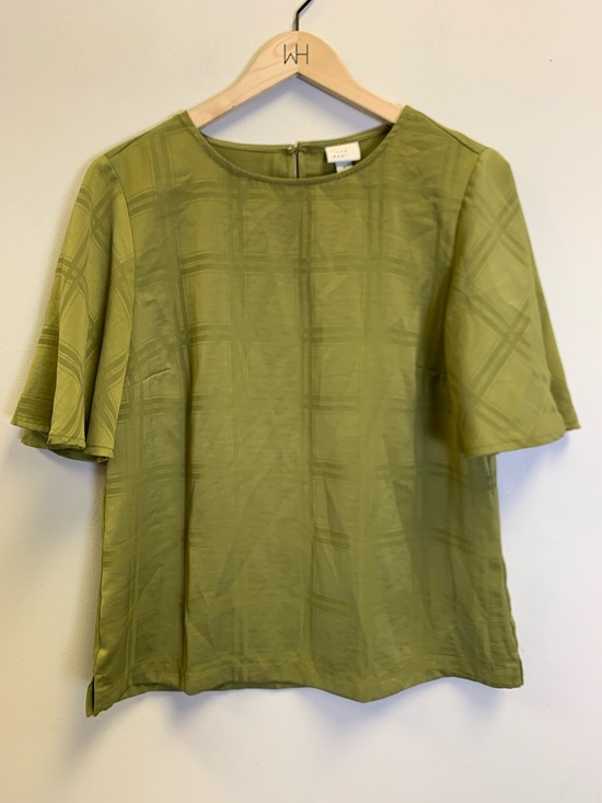 a new day Tops - a new day Olive Green Short Sleeve Blouse with Subtle Plaid Texture